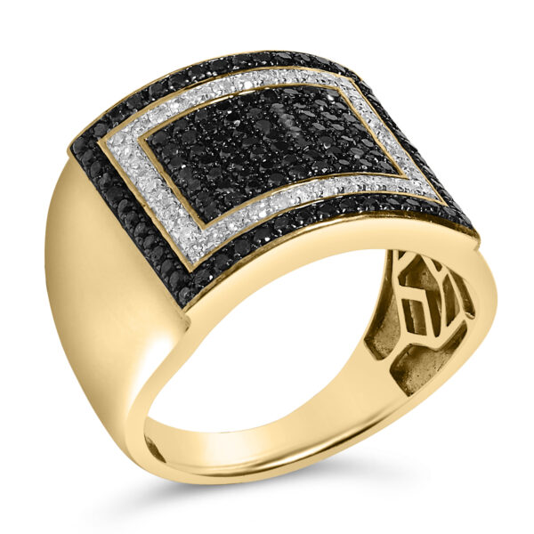 Natural round white and black diamonds in prong settings on a 10K yellow gold geometric ring.