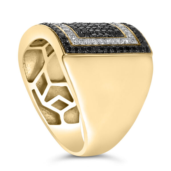 Geometric cluster ring in 10K yellow gold with 40 round white and black natural diamonds.