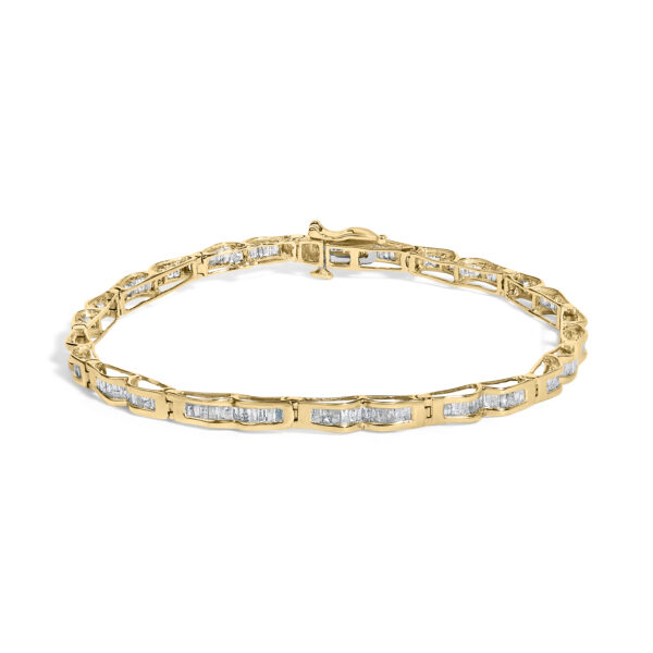 Yellow gold link bracelet with channel-set baguette diamonds laid flat