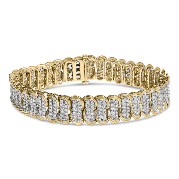 10K yellow gold S-link bracelet with round diamonds set in prongs along the full length of the chain