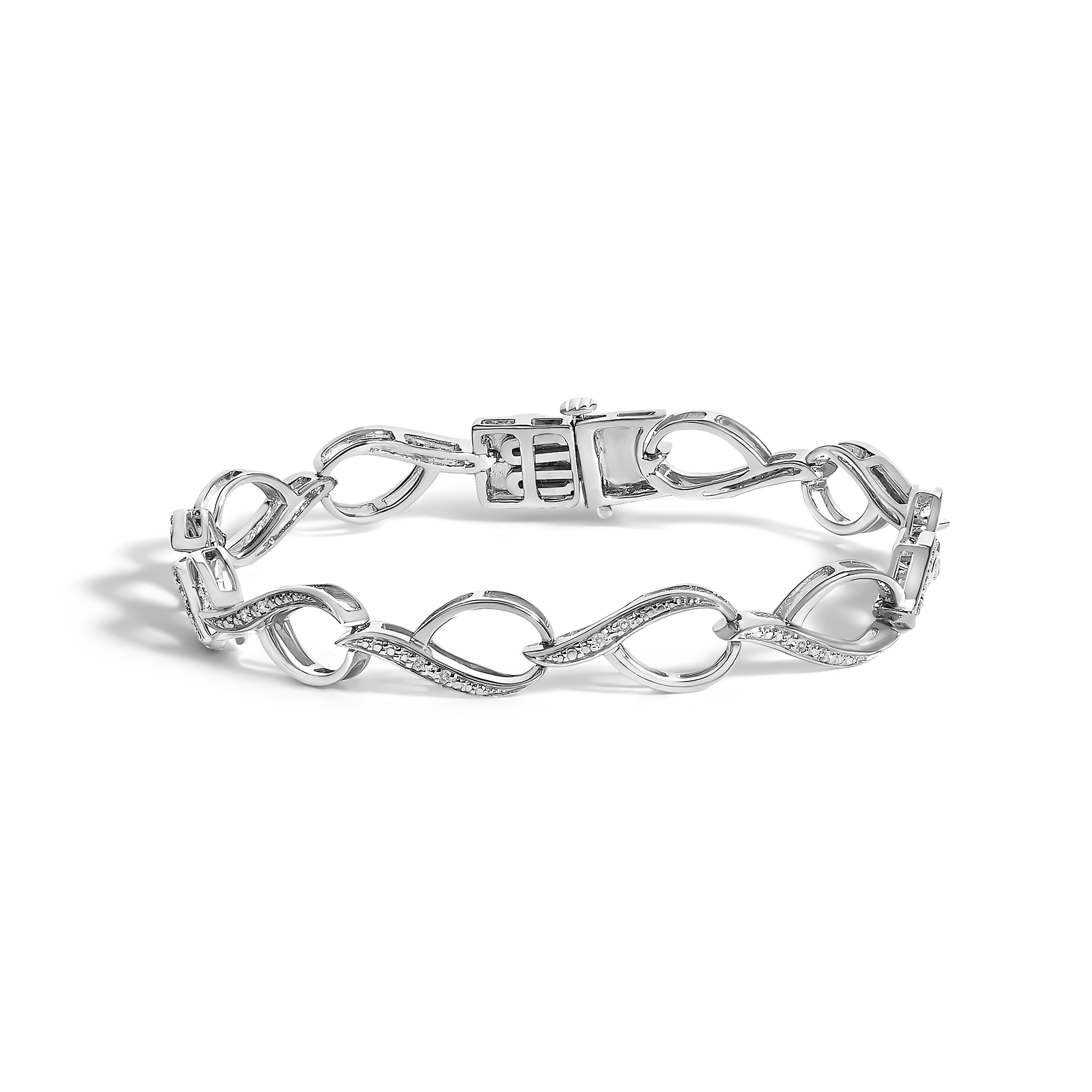Sterling silver swirl link bracelet with round diamond accents laid flat, showing the full 7.25 inch length