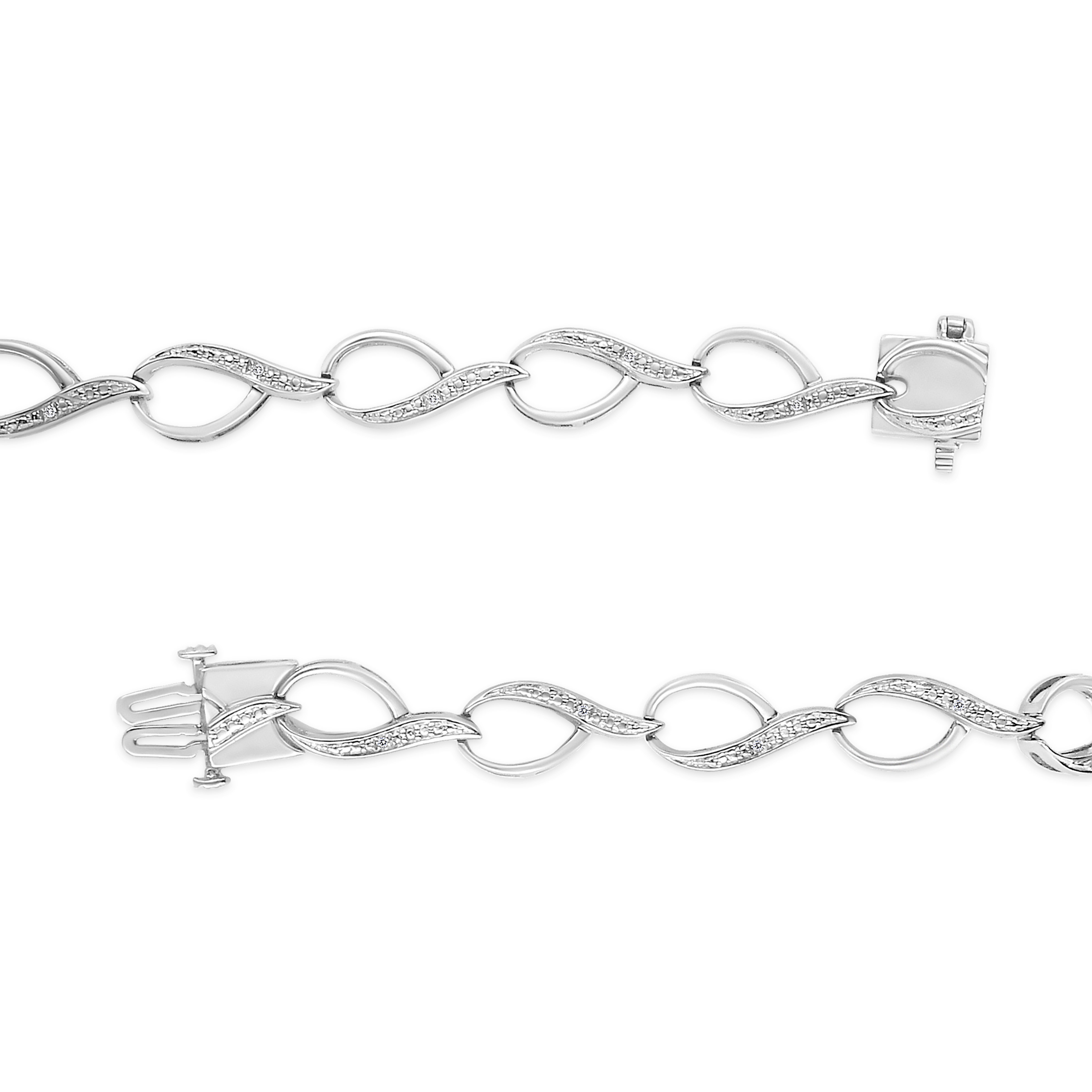 Sterling silver swirl link bracelet arranged in a curved position showing link movement