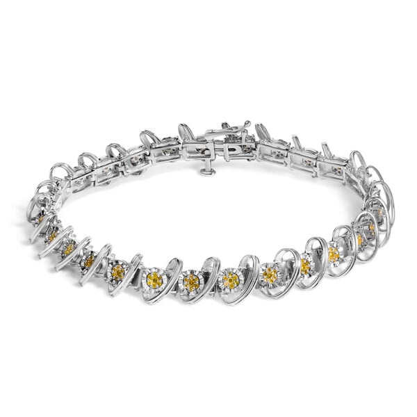 Sterling silver link bracelet with round yellow diamonds set in illusion plate links