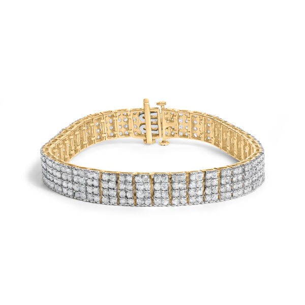 Four-row diamond tennis bracelet in 14K gold plated sterling silver, laid flat to show its full 7.25 inch length