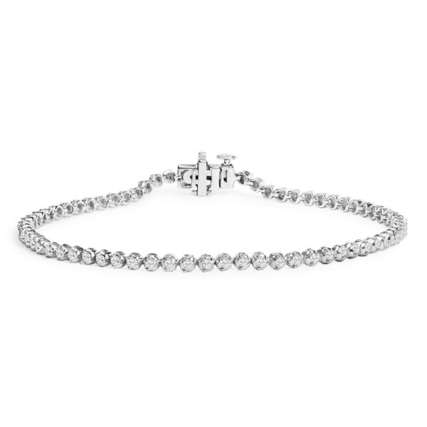 Sterling silver tennis bracelet with a row of round prong-set diamonds and a box clasp