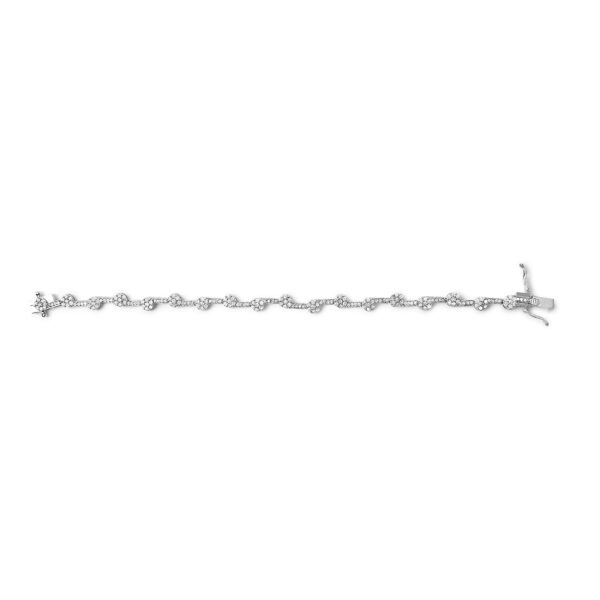 Angled view of the diamond bracelet highlighting the rhodium plated sterling silver finish