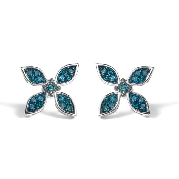 Pair of floral earrings with round blue diamonds set in a prong mounting, front view