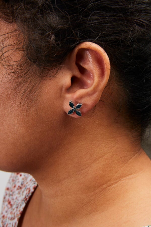 Earrings worn on a model to show placement and appearance when worn