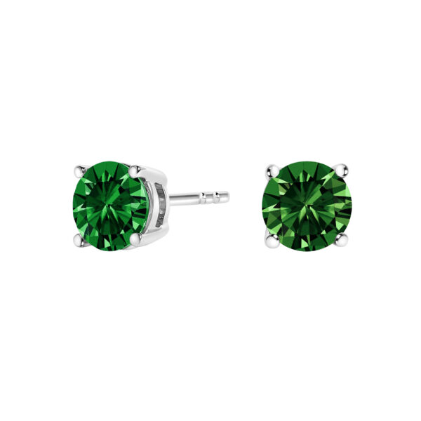 Pair of rhodium plated over 14K gold stud earrings with two round green lab grown diamonds in 4-prong settings.