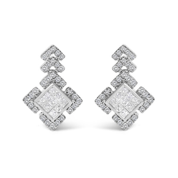 Pair of 10K white gold princess-cut diamond geometric drop earrings on a plain background