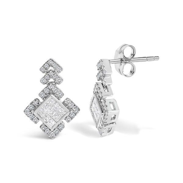 Close angle of the earrings showing the diamond setting and geometric outline