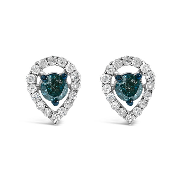 Pear-shaped halo stud earring with a blue center diamond ringed by white diamonds, set in rhodium plated silver