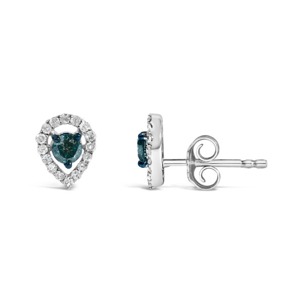 Pair of pear shape halo stud earrings shown together with push back closures visible
