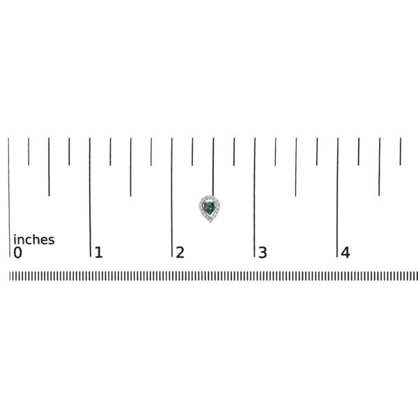 Pear shape halo stud earring shown next to a scale reference for size comparison