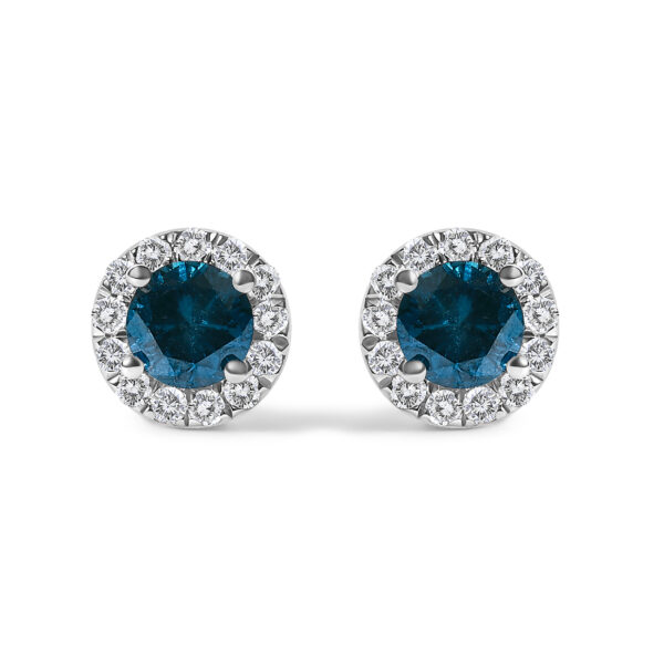 Pair of blue diamond halo stud earrings on a plain background, showing the round center stones and surrounding halo