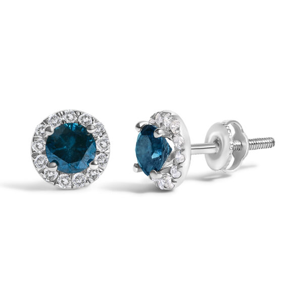 Close-up of one stud earring showing the 4-prong setting around the blue center diamond