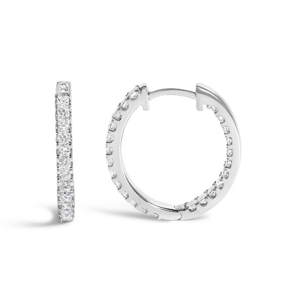 Side profile of the diamond hoop earring showing the hinge-back closure mechanism