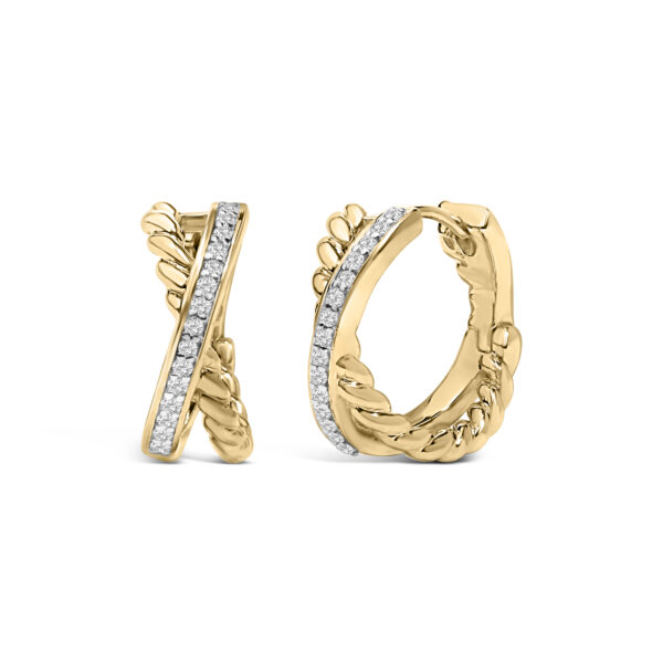 Twisted hoop earring with round diamonds set along the band, shown from the front