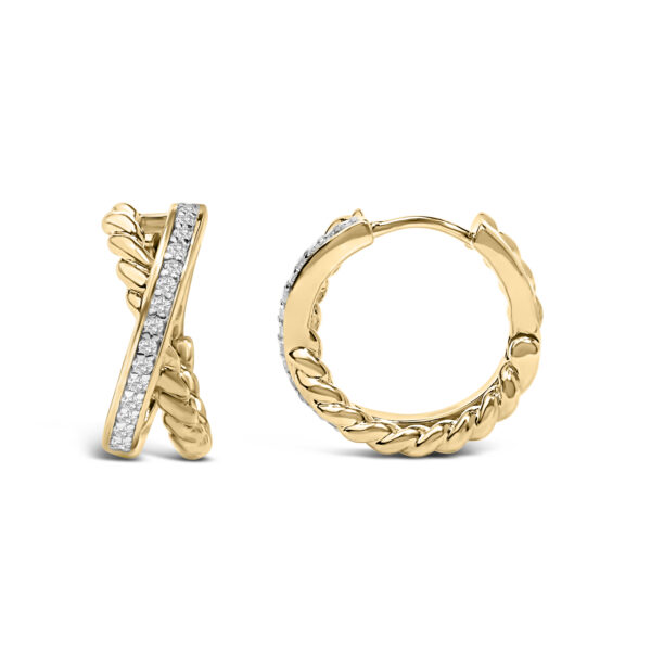Close-up of the diamond hoop earring highlighting the prong settings and 14K gold plated finish