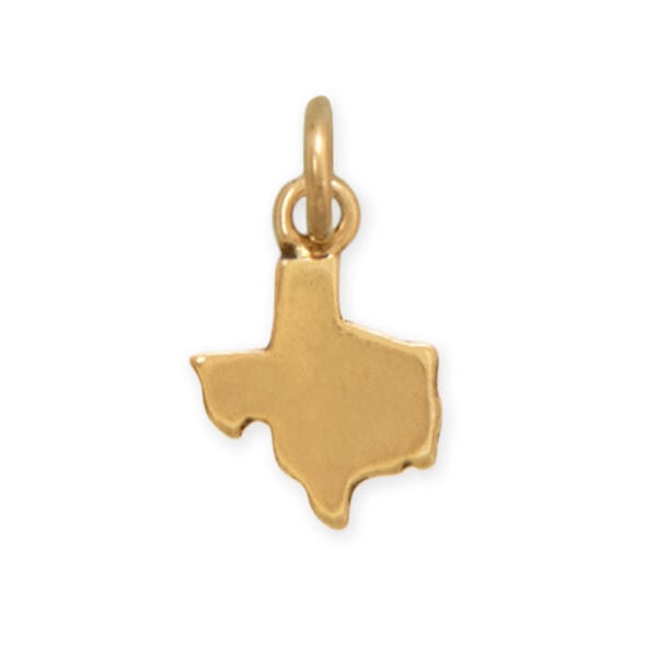 Small Texas state charm in gold plated over .925 sterling silver, measuring 11.9 mm x 8.3 mm.