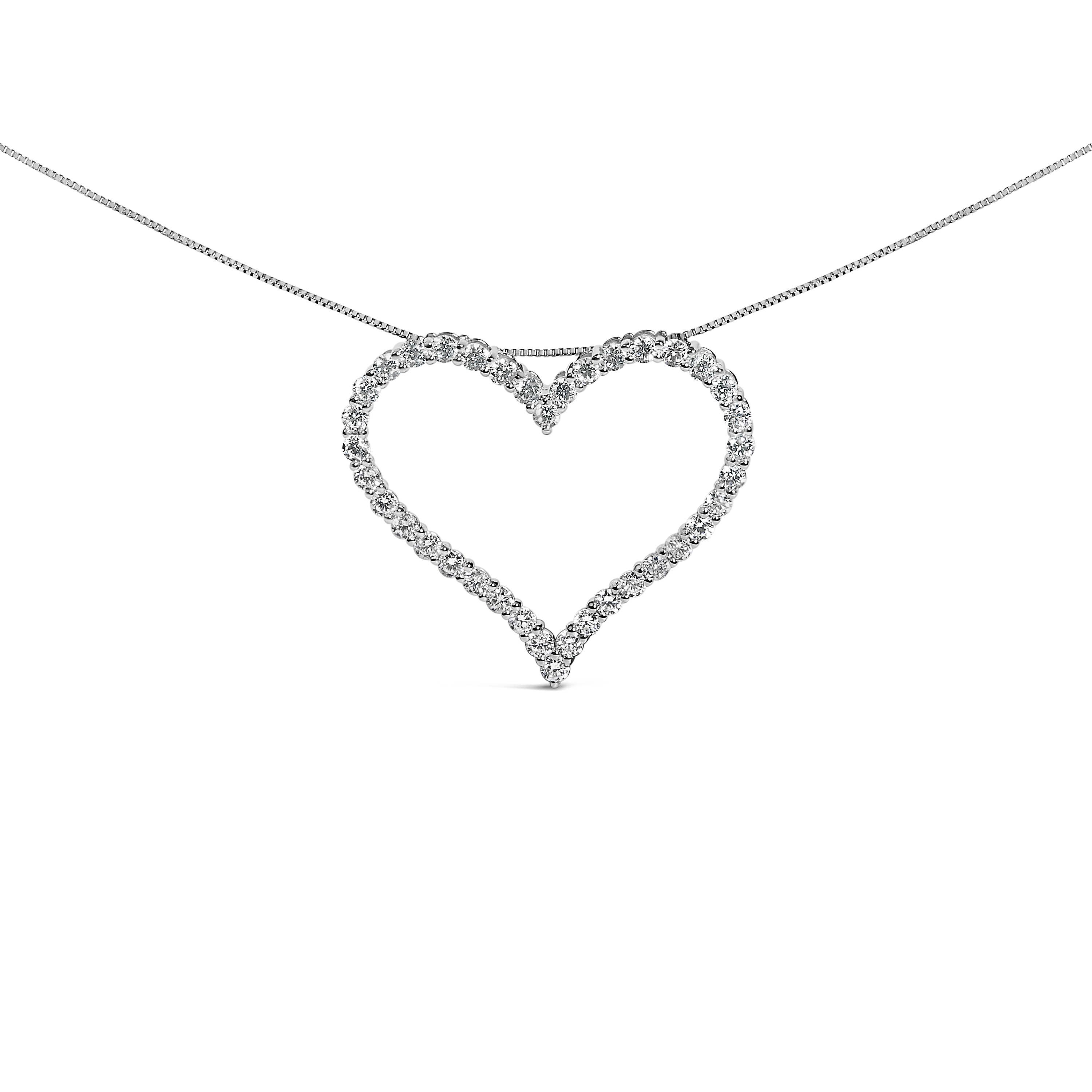 Open heart pendant necklace in white gold with round diamonds set along the outline