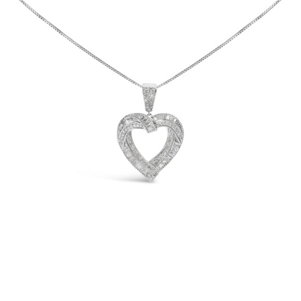 Open heart pendant with round and baguette diamonds set in white metal, shown against a plain background