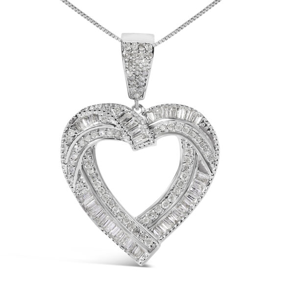 Close angle of the open heart pendant showing the channel-set baguette diamonds along the curve of the heart
