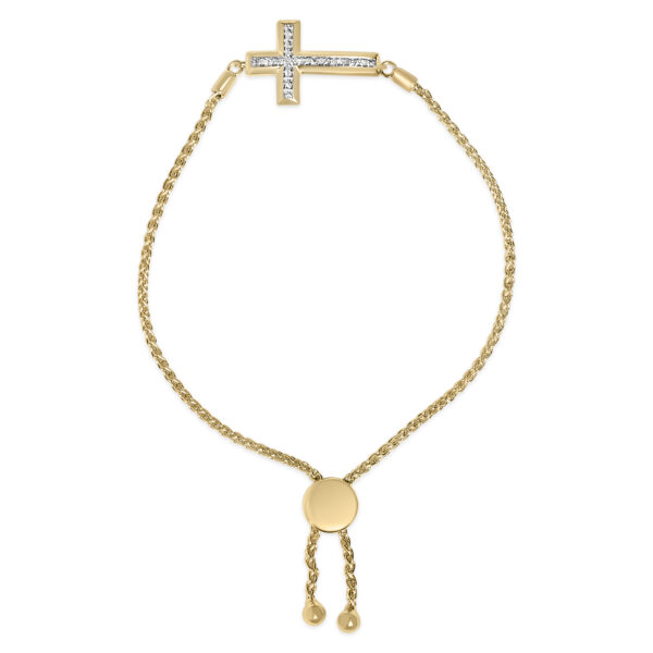 Vermeil - 24KK 24K gold plated sterling silver cross bolo bracelet laid flat, showing the row of pave-set round diamonds