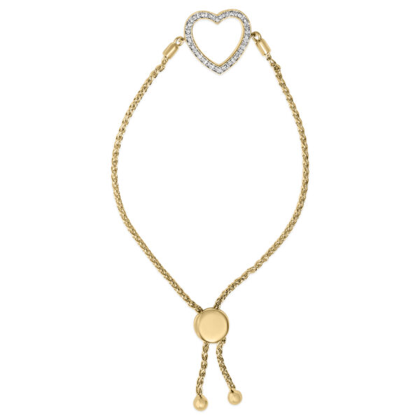 Gold vermeil bolo bracelet with a pave diamond heart, shown against a plain background