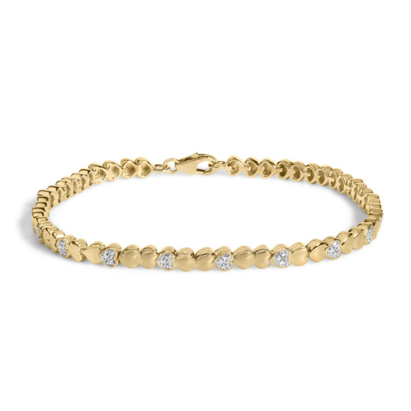 24K gold plated bangle bracelet with pave-set diamond puffed heart stations, shown against a plain background