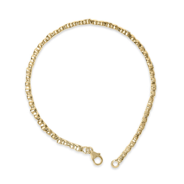 24K gold plated bangle bracelet shown from a side angle highlighting the lobster claw clasp