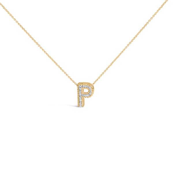 P initial bubble pendant necklace with 15 round natural diamonds in prong settings on an 18 inch cable chain