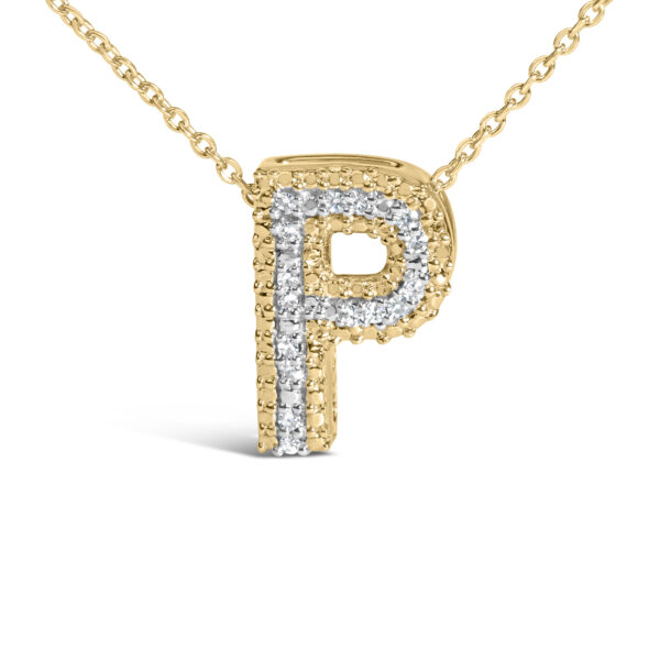P initial bubble pendant in 24K yellow gold vermeil over .925 sterling silver with 15 round natural diamonds