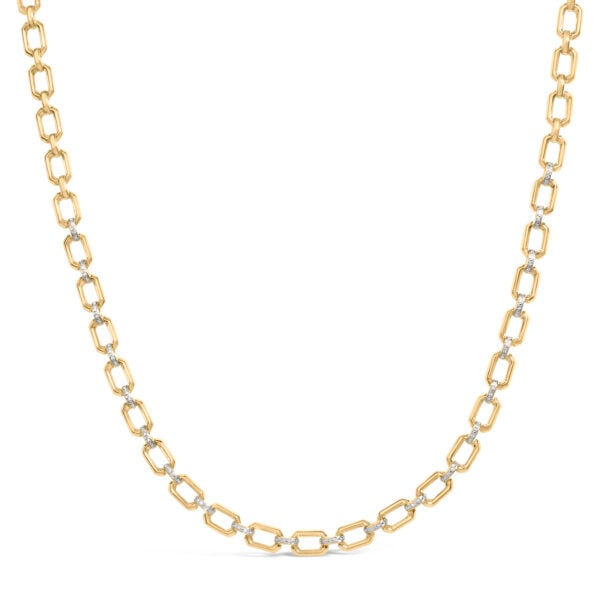 Octagonal link chain necklace with pave diamond connectors laid flat