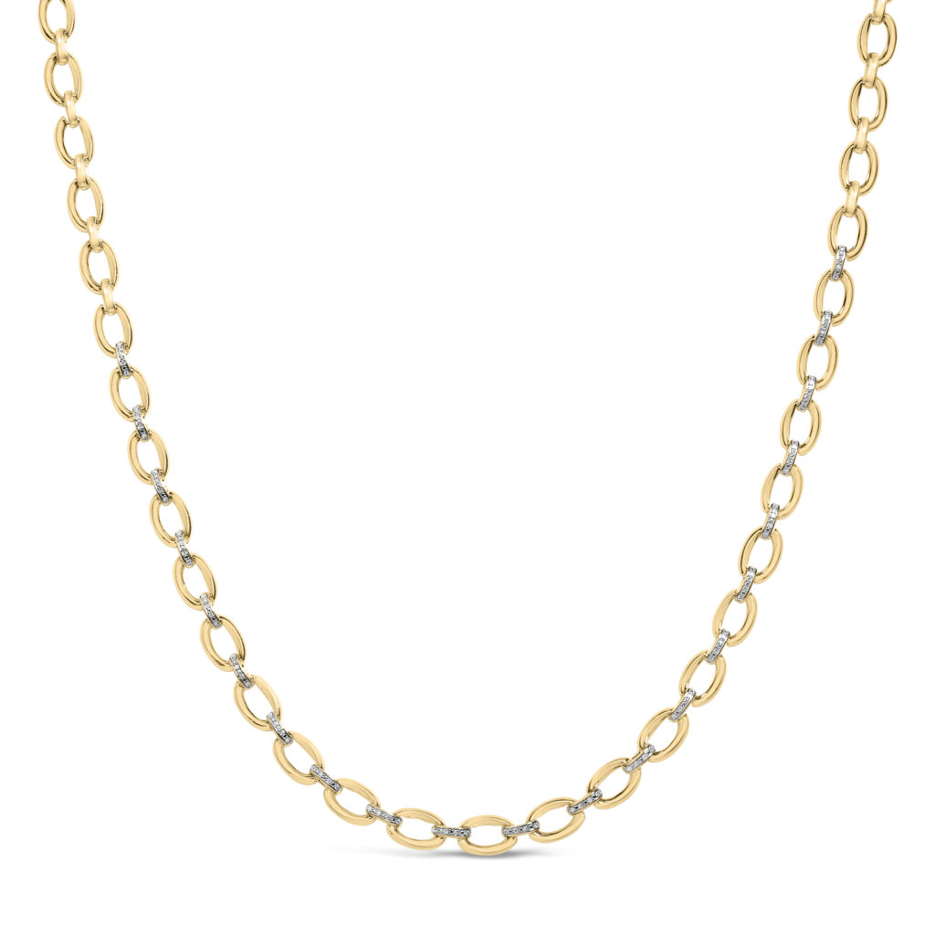 Bold oval link necklace in vermeil laid flat, showing open link shapes and pavé diamond connectors