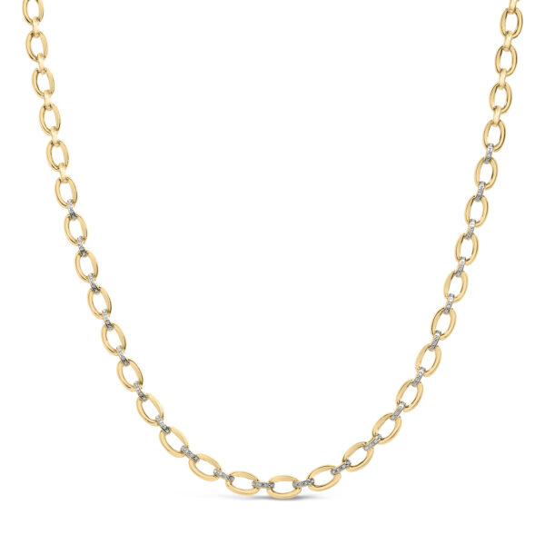Bold oval link necklace in vermeil laid flat, showing open link shapes and pavé diamond connectors
