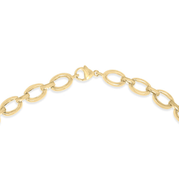 Angled view of the necklace highlighting the alternating oval link and diamond connector pattern