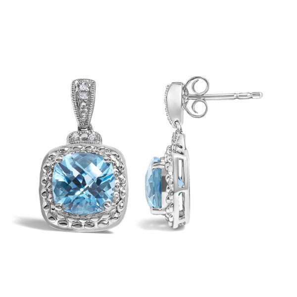 Side angle of a drop earring showing the push back closure and rhodium plated metal