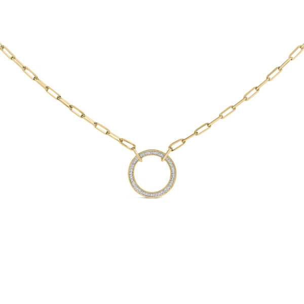 24K gold plated sterling silver paperclip chain necklace with a pave-set diamond circle pendant on a plain background