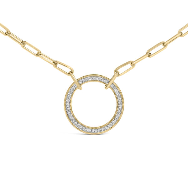 Close-up of the circle pendant showing the pave-set round diamonds and paperclip link connection