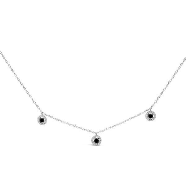 Sterling silver necklace with three black diamond stations, each circled by a halo of white diamonds