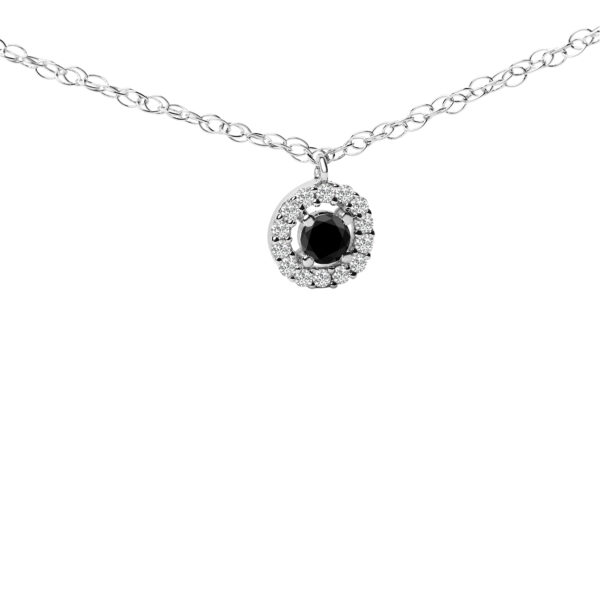 Close view of a single black diamond station showing the prong setting and surrounding halo diamonds