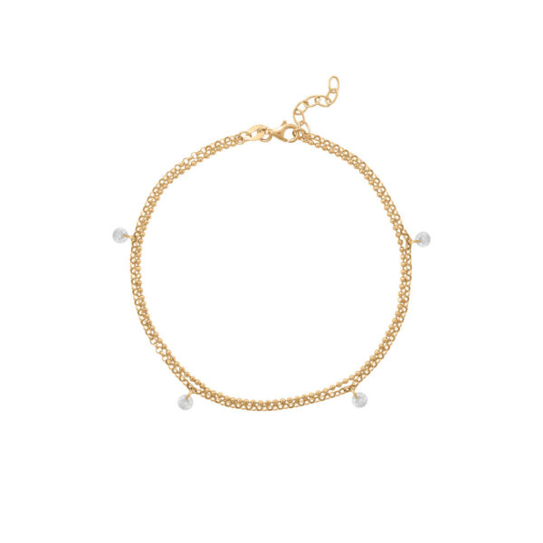 Double-strand anklet in 14K gold plated over .925 sterling silver with 4 mm cubic zirconia and a lobster clasp.