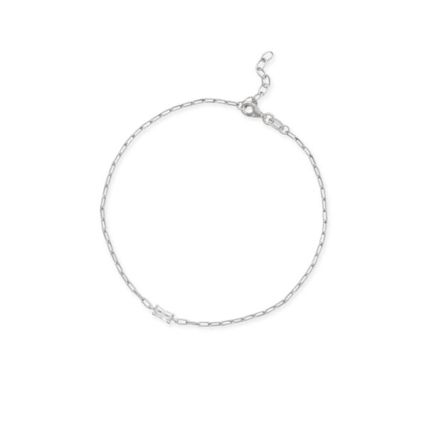 925 sterling silver paperclip chain anklet with a baguette cubic zirconia detail and lobster clasp.