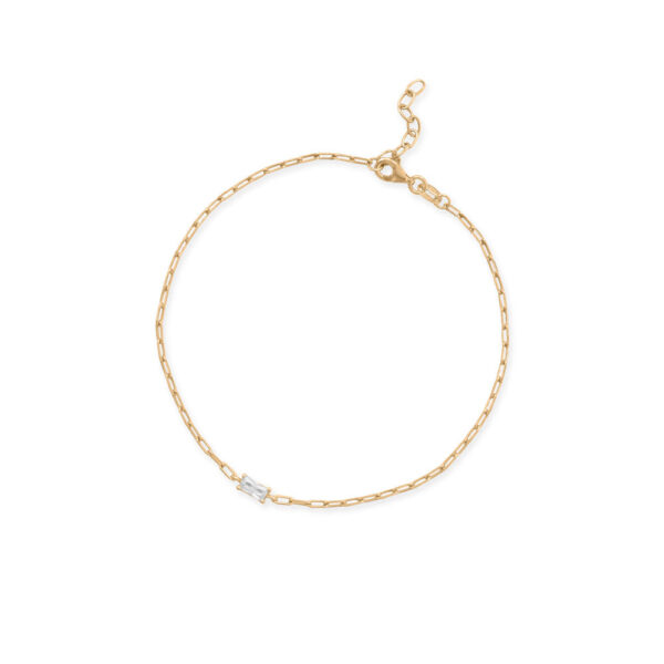 14K gold plated over .925 sterling silver paperclip chain anklet with baguette cubic zirconia and lobster clasp