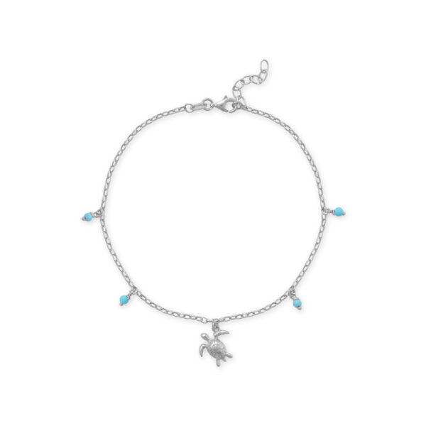 925 sterling silver sea turtle charm anklet with reconstituted turquoise and a 3 mm turquoise detail.