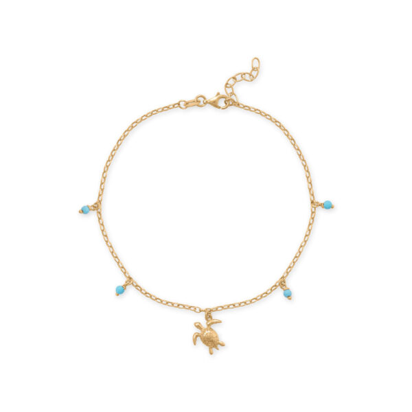 Sea turtle anklet with reconstituted turquoise, 14K gold plated over .925 sterling silver, and a lobster clasp.
