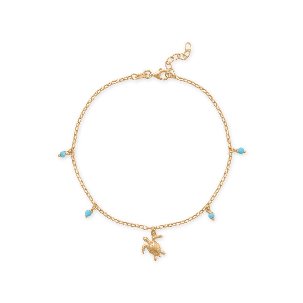 Sea turtle anklet with reconstituted turquoise, 14K gold plated over .925 sterling silver, and a lobster clasp.
