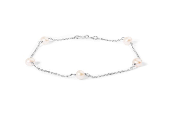 14K white gold bracelet with five cultured pearls set along a cable chain, laid flat