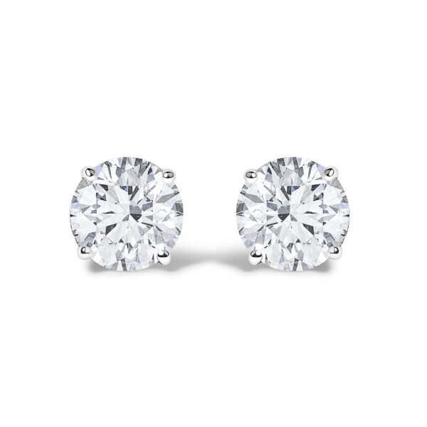 Two round lab-grown diamond stud earrings in rhodium plated over gold with 4-Prong settings and push backs.